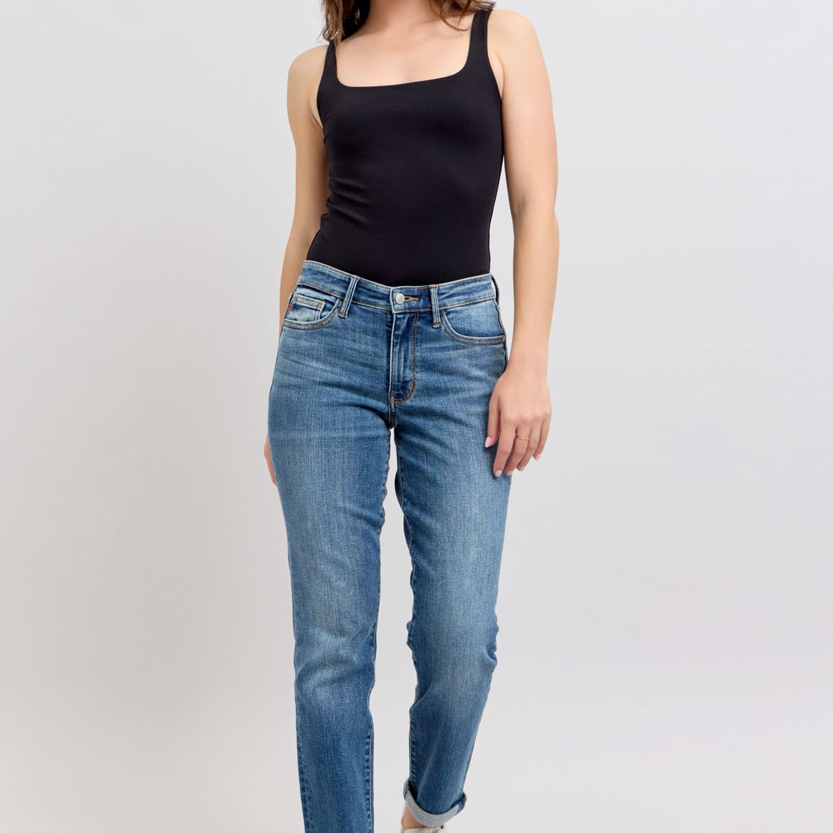Judy Blue Mid Rise Boyfriend Embroidered Repair Patch Jeans main image 1